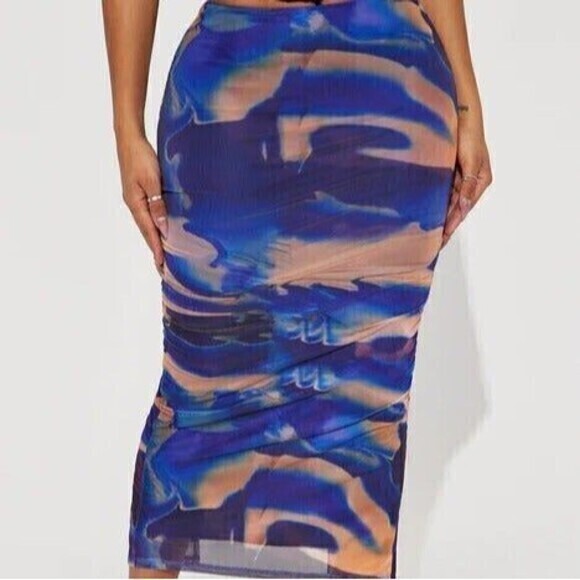 Abstract Print Mesh Elastic Waistband Maxi Skirt Size XS RefN17 - Picture 2 of 7